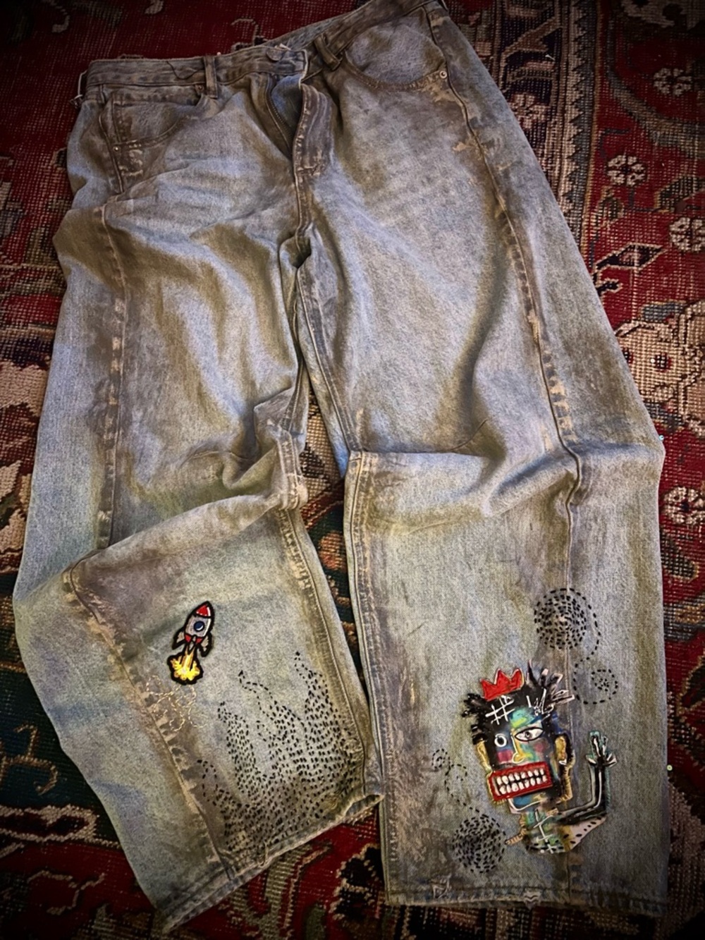 One of a Kind Hand Embellished Distressed Barrel Jeans